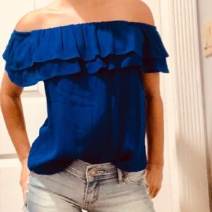 off the shoulder blue shirt